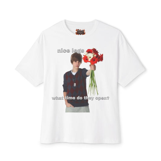 Graphic Tee — J Biebs "nice legs, what time do they open?"