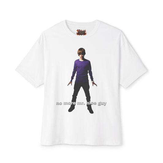 Boxy Tee — Lone Figure in Deep Purple top Graphic with "no more mr. nice guy" Text