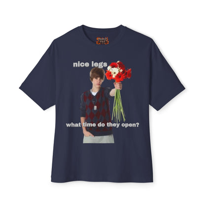 Graphic Tee — J Biebs "nice legs, what time do they open?"