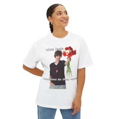 Graphic Tee — J Biebs "nice legs, what time do they open?"