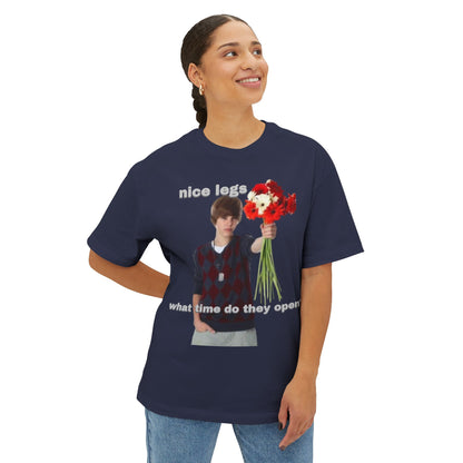 Graphic Tee — J Biebs "nice legs, what time do they open?"