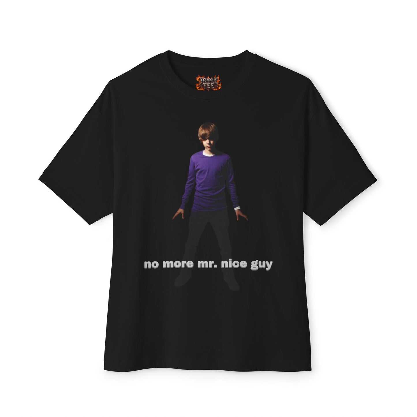 Boxy Tee — Lone Figure in Deep Purple top Graphic with "no more mr. nice guy" Text
