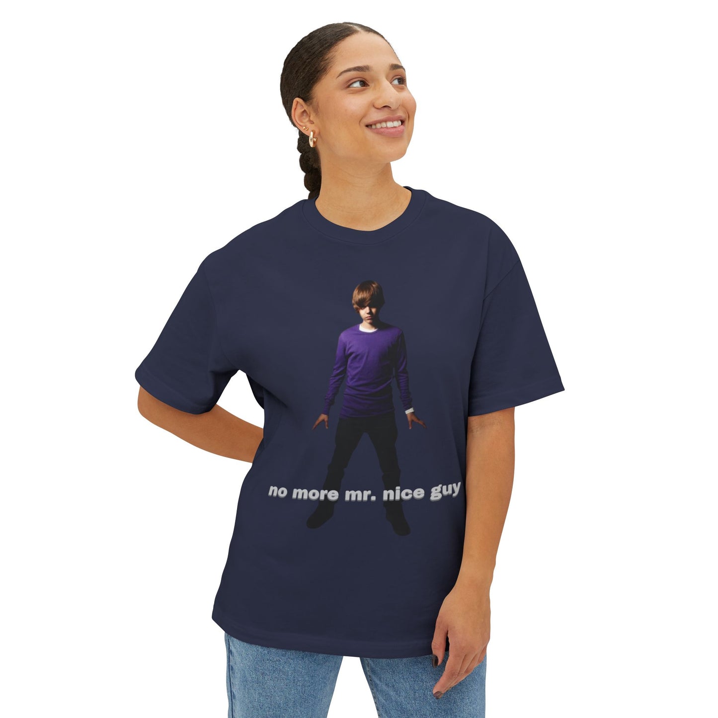 Boxy Tee — Lone Figure in Deep Purple top Graphic with "no more mr. nice guy" Text