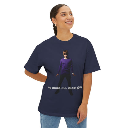 Boxy Tee — Lone Figure in Deep Purple top Graphic with "no more mr. nice guy" Text