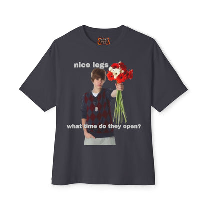 Graphic Tee — J Biebs "nice legs, what time do they open?"