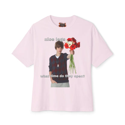 Graphic Tee — J Biebs "nice legs, what time do they open?"
