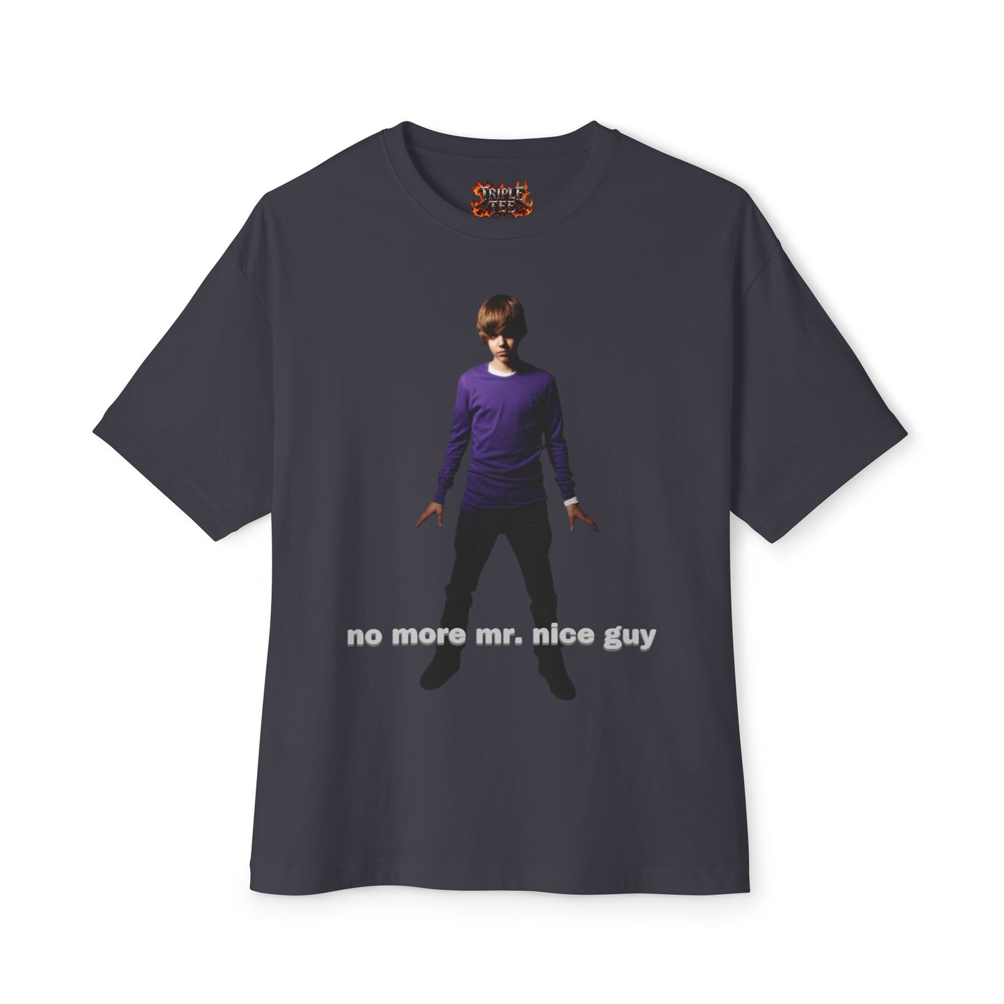 Boxy Tee — Lone Figure in Deep Purple top Graphic with "no more mr. nice guy" Text