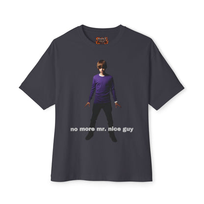 Boxy Tee — Lone Figure in Deep Purple top Graphic with "no more mr. nice guy" Text
