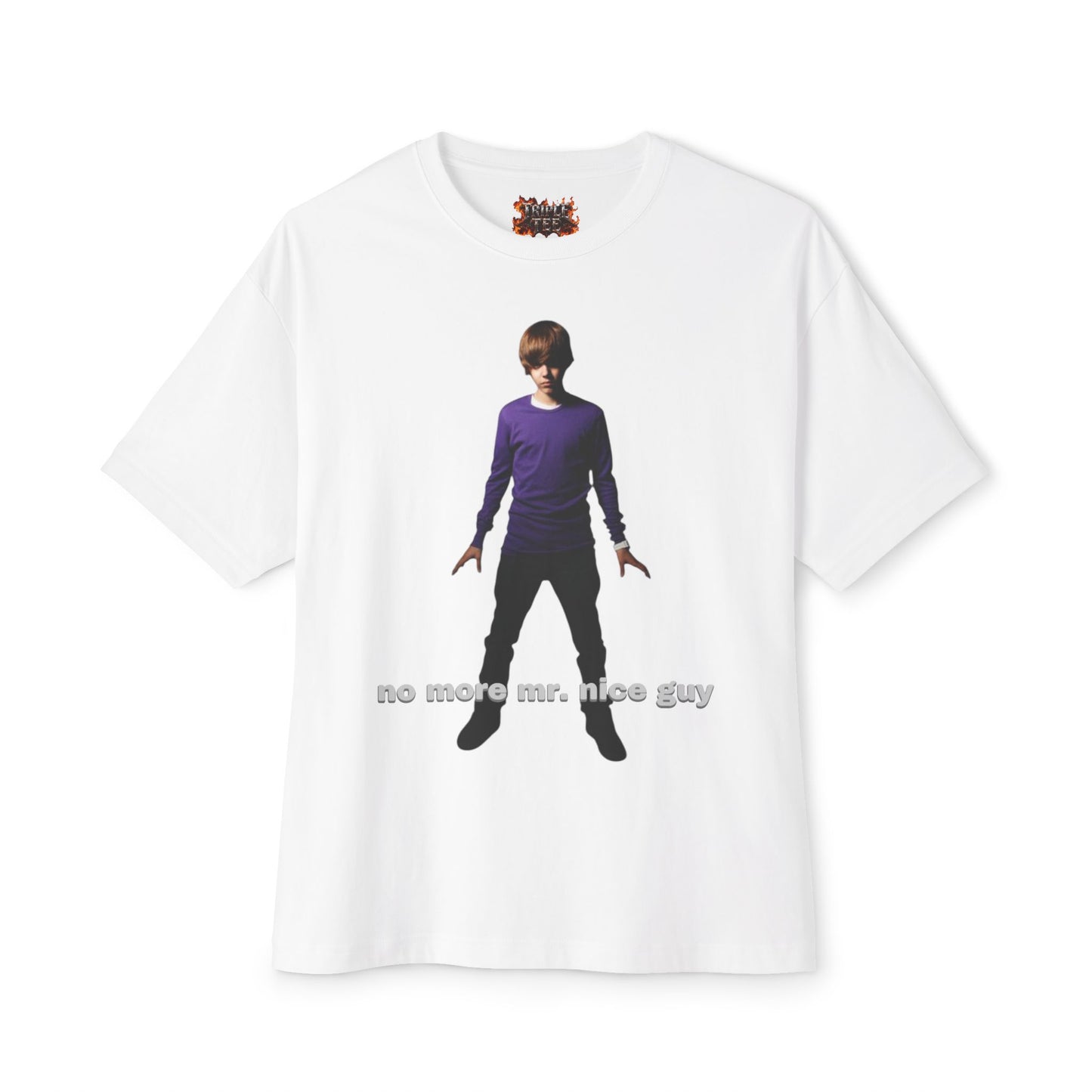 Boxy Tee — Lone Figure in Deep Purple top Graphic with "no more mr. nice guy" Text