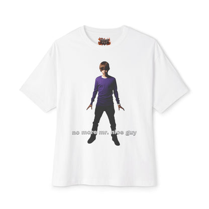 Boxy Tee — Lone Figure in Deep Purple top Graphic with "no more mr. nice guy" Text