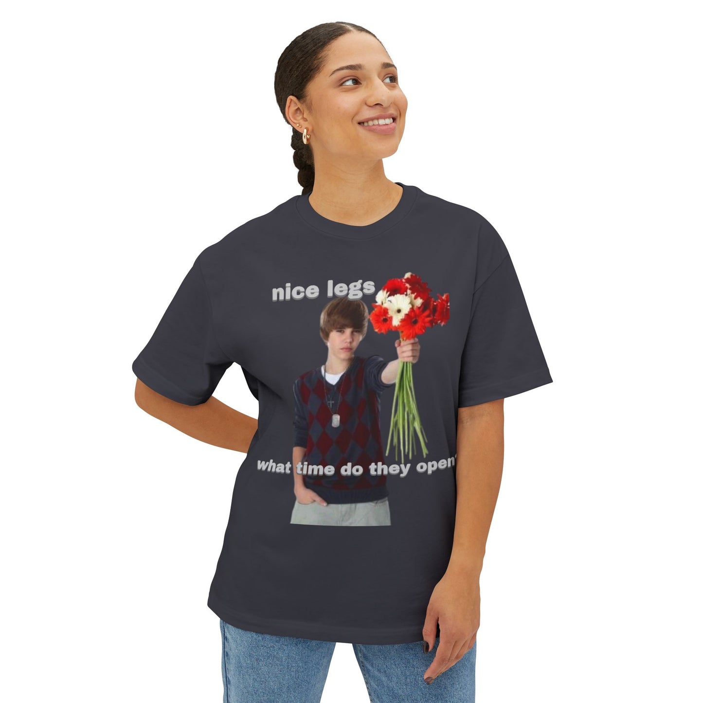 Graphic Tee — J Biebs "nice legs, what time do they open?"