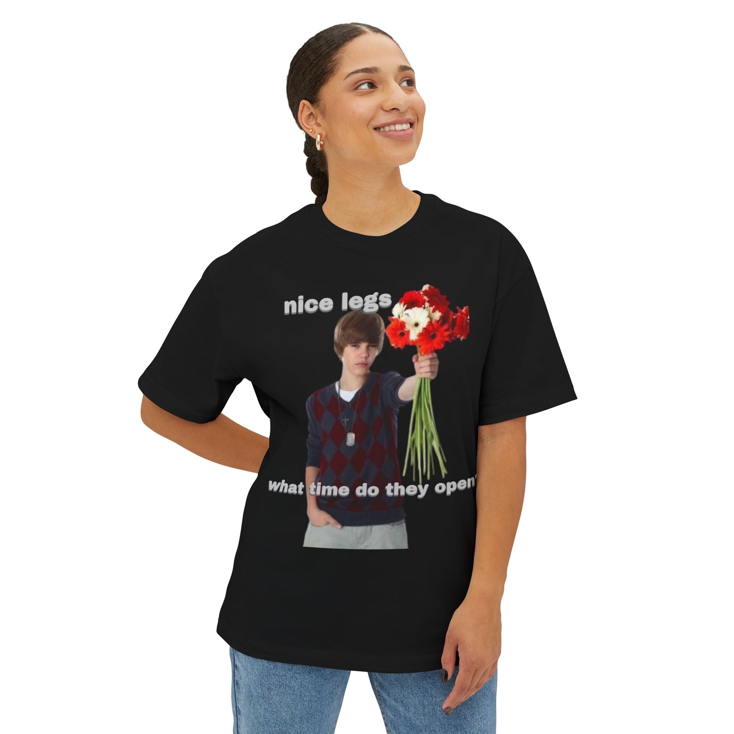 Graphic Tee — J Biebs "nice legs, what time do they open?"