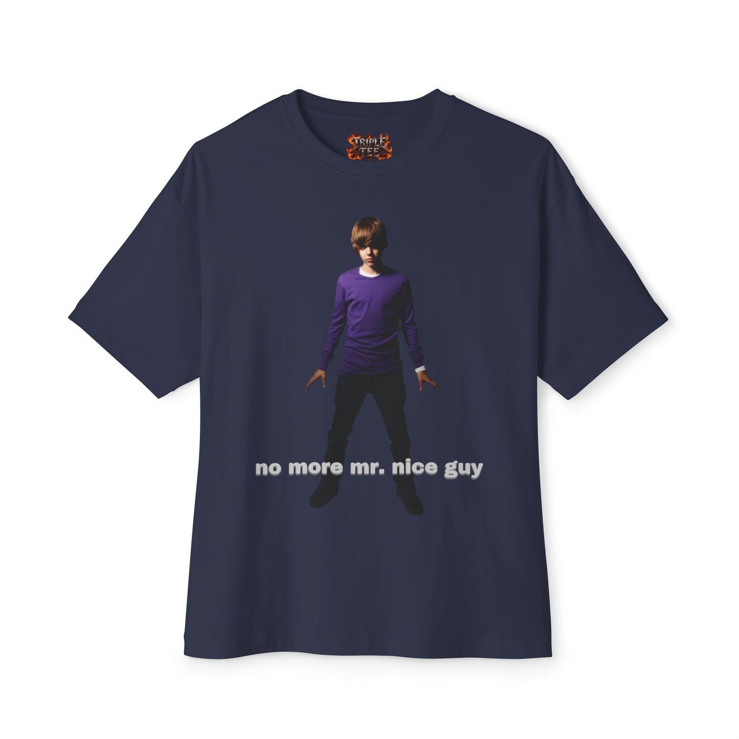 Boxy Tee — Lone Figure in Deep Purple top Graphic with "no more mr. nice guy" Text