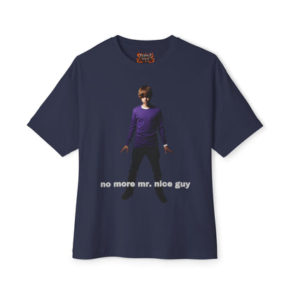 Boxy Tee — Lone Figure in Deep Purple top Graphic with "no more mr. nice guy" Text