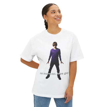 Boxy Tee — Lone Figure in Deep Purple top Graphic with "no more mr. nice guy" Text