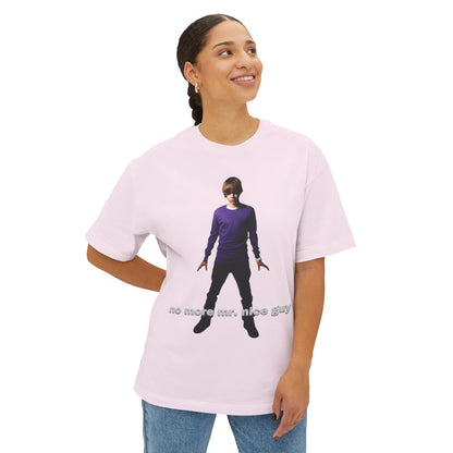 Boxy Tee — Lone Figure in Deep Purple top Graphic with "no more mr. nice guy" Text