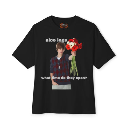Graphic Tee — J Biebs "nice legs, what time do they open?"