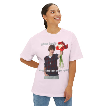 Graphic Tee — J Biebs "nice legs, what time do they open?"