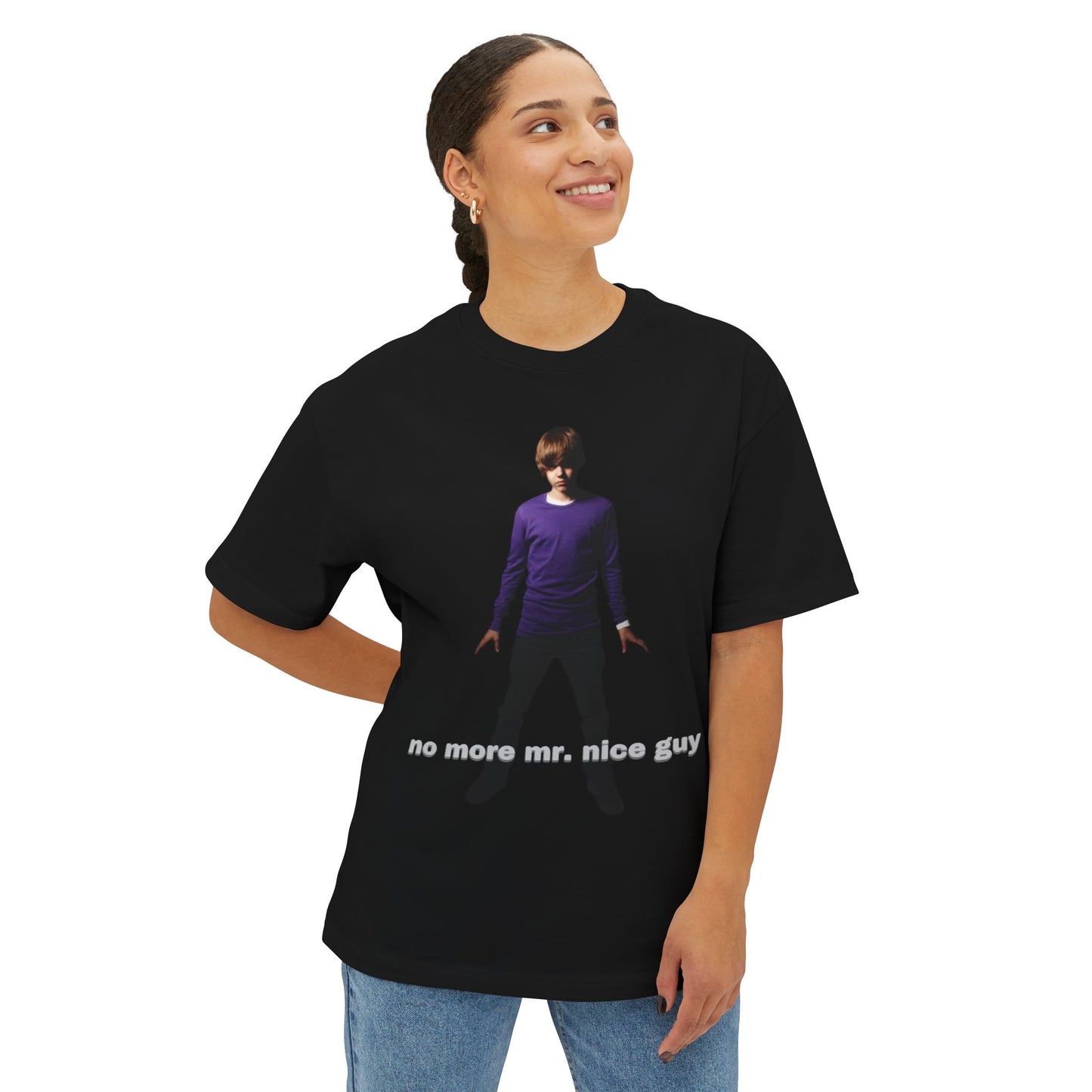 Boxy Tee — Lone Figure in Deep Purple top Graphic with "no more mr. nice guy" Text